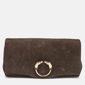 Pre Owned Gucci Dark Brown Nubuck Leather Ribot Horse Head Clutch
