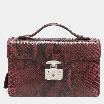 Gucci Burgundy Python Lady Lock Briefcase Clutch