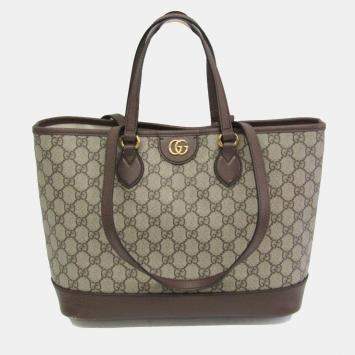 Pre Owned Gucci Beige GG Supreme Leather Double G Medium Tote Bag