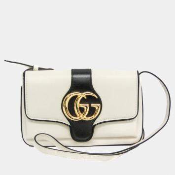 Pre Owned Gucci Black White Leather GG Marmont Arli Shoulder Bag