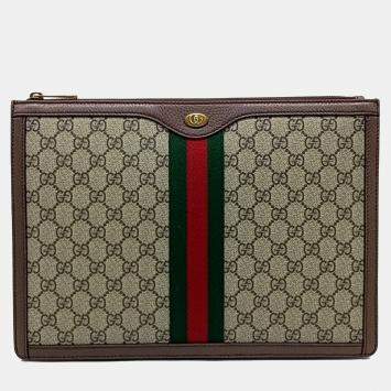 Pre Owned Gucci Beige Brown Canvas and Leather Supreme Portfolio Clutch