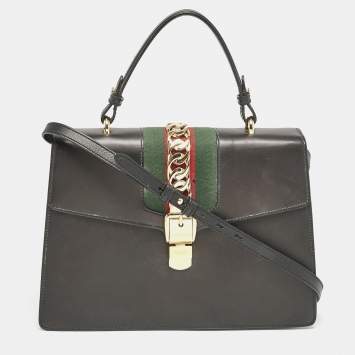 Gucci Black Leather Medium Web Sylvie Top Handle Bag
