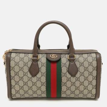 Gucci Beige/Brown GG Supreme Canvas and Leather Medium Ophidia Boston Bag