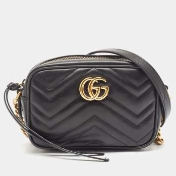 Pre Owned Gucci Black Matelassé Leather Mini GG Marmont Camera Bag