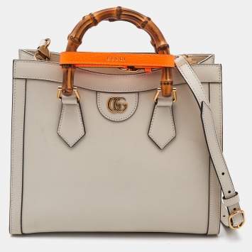 Pre Owned Gucci Off White Leather Small Bamboo Diana Tote