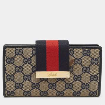Pre Owned Gucci Blue/Beige GG Canvas and Leather Ladies Web Continental Wallet
