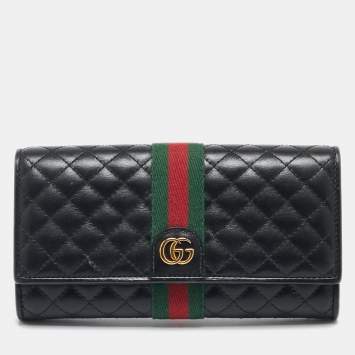 Pre Owned Gucci Black Quilted Leather Web GG Marmont Continental Wallet