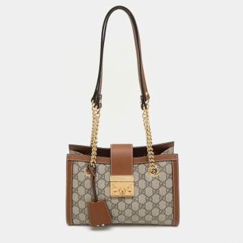 Pre Owned Gucci Brown/Beige GG Supreme Canvas and Leather Small Padlock Shoulder Bag
