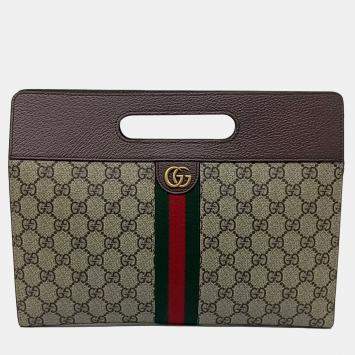 Pre Owned Gucci Beige Brown Canvas and Leather Ophidia handle clutch bag
