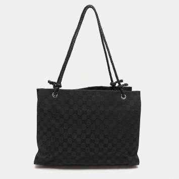 Pre Owned Gucci Black GG Canvas and Leather Braided Handle Tote