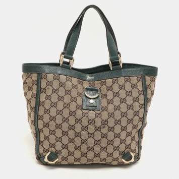 Pre Owned Gucci Beige/Green GG Canvas and Leather Medium Abbey Tote