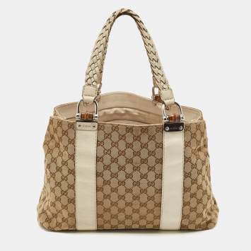 Gucci Off White/beige GG Canvas Medium Bamboo Bar Tote