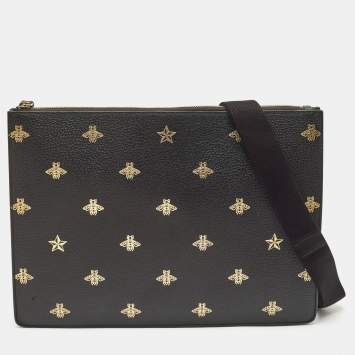 Pre Owned Gucci Black Leather Bee Star Messenger Bag