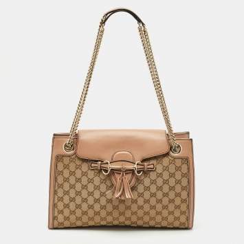 Pre Owned Gucci Dusty Pink/Beige GG Canvas and Leather Large Emily Shoulder Bag