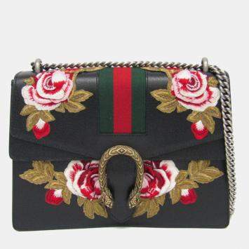 Pre Owned Gucci Black Leather Dionysus Flower Shoulder Bag