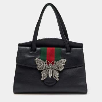 Pre Owned Gucci Black Leather Medium Web Butterfly Embellished Medium Linea Totem Tote