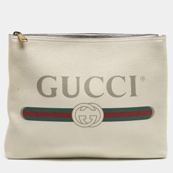 Pre Owned Gucci Off White Leather Logo Print Zip Pouch