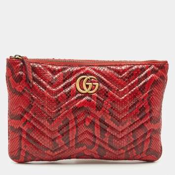 Gucci Red Matelasse Python GG Marmont Zip Pouch 