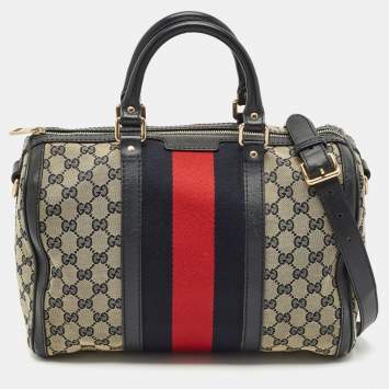 Gucci Navy Blue GG Canvas and Leather Medium Vintage Web Boston Bag