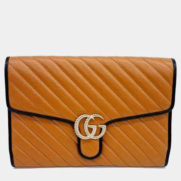 Gucci Brown Leather Marmont Matelasse Clutch