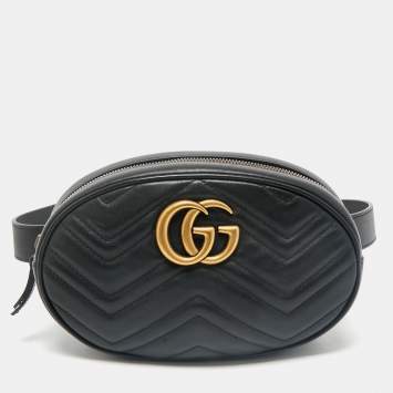 Pre Owned Gucci Black Matelassé Leather GG Marmont Belt Bag