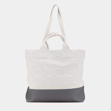 Pre Owned Gucci Grey/White Canvas Embossed Logo Tote