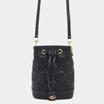 Pre Owned Gucci Black Leather GG Matelasse Bucket Bag