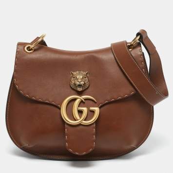 Pre Owned Gucci Brown Leather GG Marmont Animalier Flap Shoulder Bag