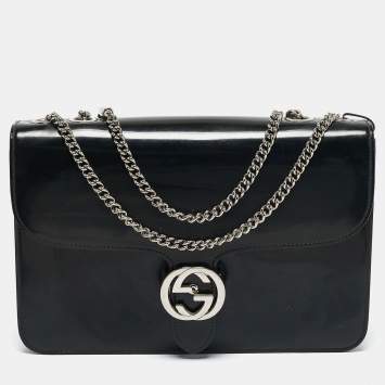 Pre Owned Gucci Black Glossy Leather Medium Interlocking G Shoulder Bag