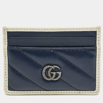 Pre Owned Gucci Blue/White Diagonal Quilt Leather GG Torchon Marmont Card Holder