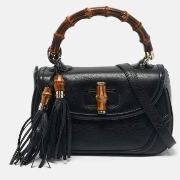 Pre Owned Gucci Black Leather Medium Tassel New Bamboo Top Handle Bag