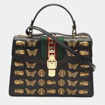 Gucci Black Leather Medium Animal Studs Sylvie Top Handle Bag