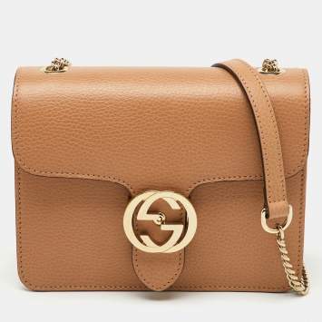 Gucci Beige Leather Dollar Interlocking G Flap Crossbody Bag