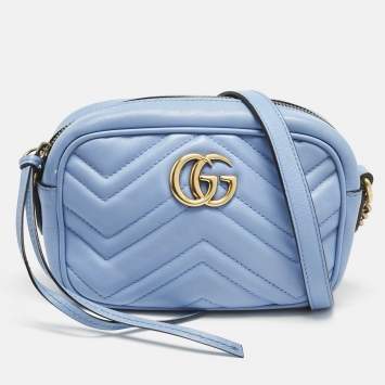 Pre Owned Gucci Blue Matelassé Leather Mini GG Marmont Camera Bag