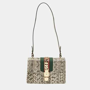 Gucci Black/White Watersnake Leather Small Web Chain Sylvie Shoulder Bag