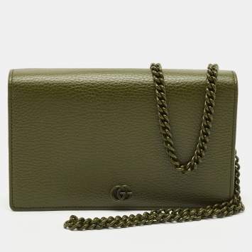 Gucci Olive Green Leather GG Marmont Wallet On Chain