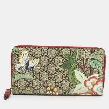 Gucci Red/Beige GG Supreme Canvas Tian Zip Around Wallet