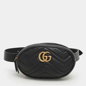 Pre Owned Gucci Black Matelasse Leather GG Marmont Belt Bag