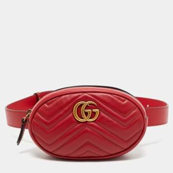 Gucci Red Matelassé Leather Mini GG Marmont Belt Bag