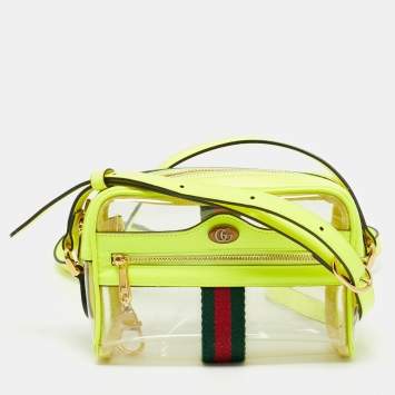 Gucci Neon Green Leather and PVC Ophidia Mini Front Zip Crossbody Bag