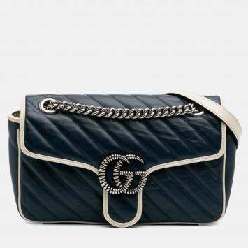 Pre Owned Gucci Navy Blue Small GG Marmont Matelasse Leather Torchon Flap Crossbody