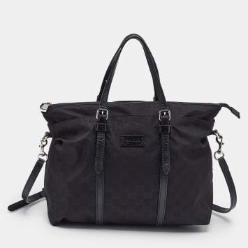 Pre Owned Gucci Black GG Nylon and Leather Top Zip Tote