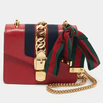 Pre Owned Gucci Red Leather Mini Web Chain Sylvie Shoulder Bag