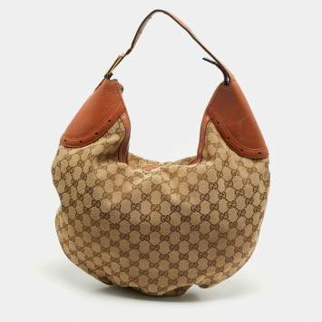 Gucci Brown/Beige Canvas and Leather Buckle Hobo