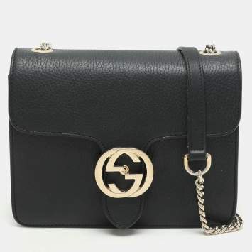 Pre Owned Gucci Black Leather Dollar Interlocking GG Shoulder Bag