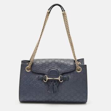 Pre Owned Gucci Dark Blue Guccissima Leather Large Emily Chain Shoulder Bag