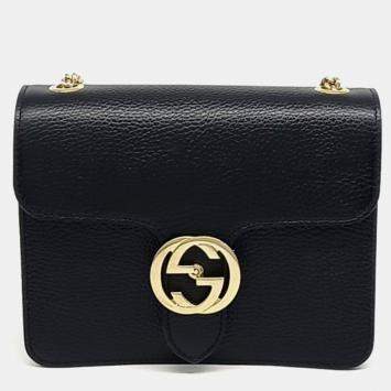 Gucci Black Leather Interlocking GG Crossbody Bag