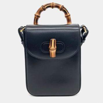 Gucci Black Leather Bamboo Mini Tote and Crossbody Bag