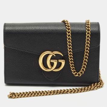 Gucci Black Leather GG Marmont Wallet on Chain