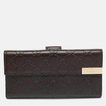 Gucci Dark Brown Guccissima Leather Metal Flap Continental Wallet